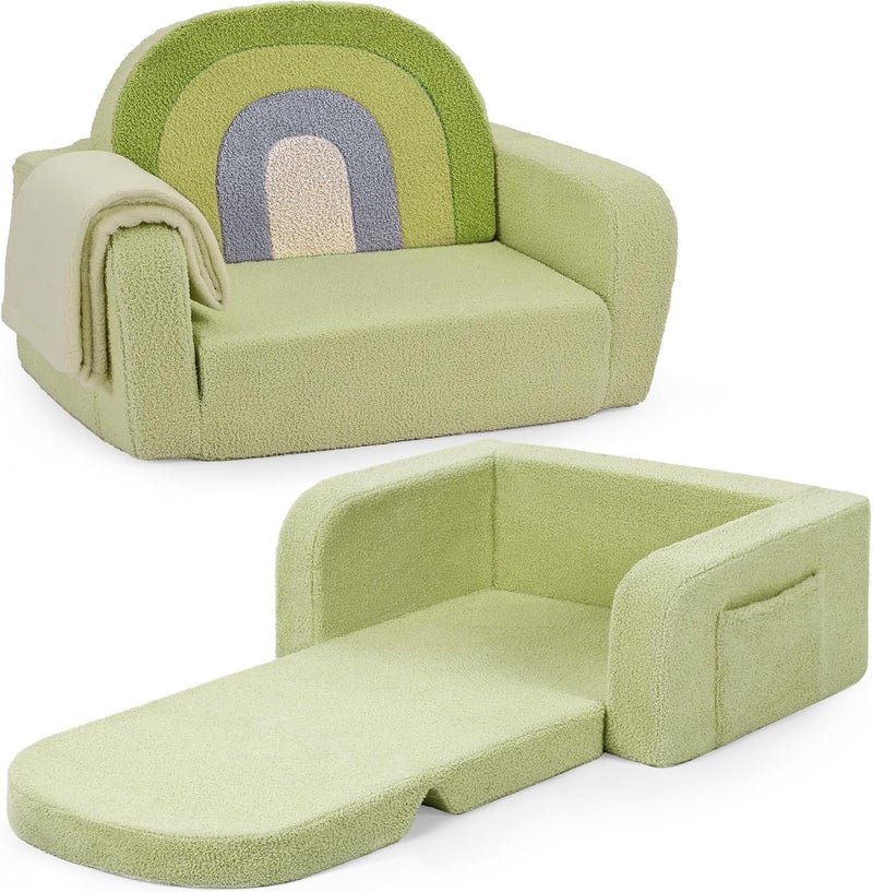 Foryoomi Kids Couch, 2-in-1 Soft Toddler Couch Fold Out with Blanket, Comfy Toddler Chair, Convertible Sofa, Gifts for Kids Girl Boys, Medium Green Rainbow - Image 1
